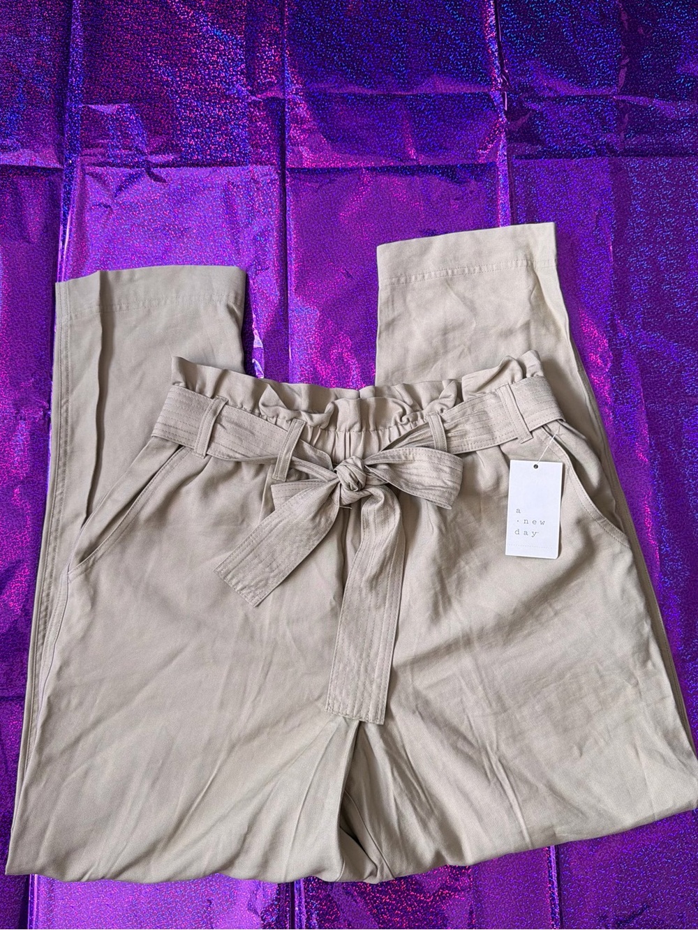 Women Paperbag Waist Tie Pants - Beige